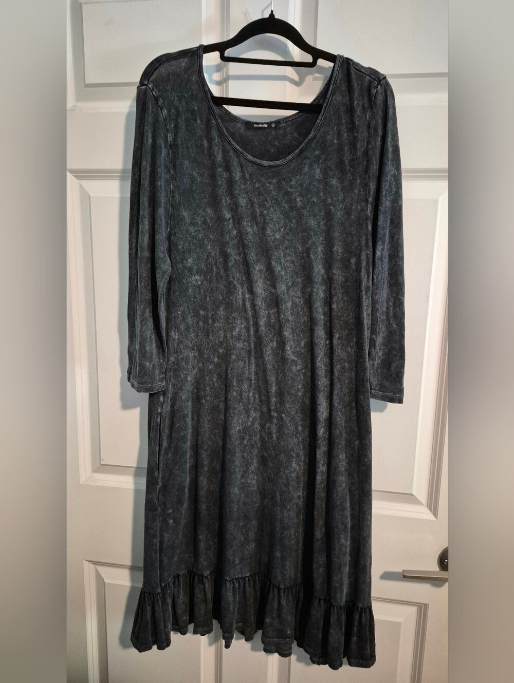 Annabelle Black Stonewash Ruffle Hem Midi Dress Size L Boho 90s Grunge Witch